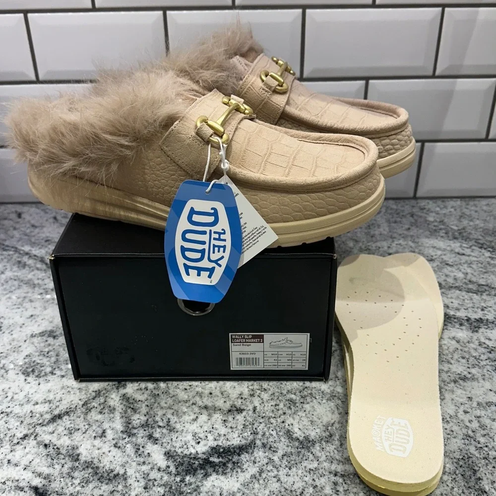 Hey Dude Mens 10 Wally Slip Loafer Market 2 Sand Beige Croc Faux Fur Horsebit